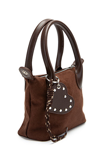 minebag Heart Charm Detailed Suede Winter Crossbody Bag Brown