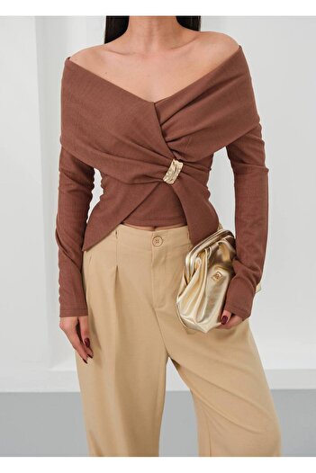 MY DEPO Women's Off-The-Shoulder Shawl Collar Long Sleeve Double-Breasted Metal Buckle Stylish Blouse