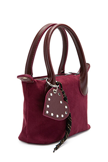 minebag Heart Charm Detailed Suede Winter Crossbody Bag Burgundy