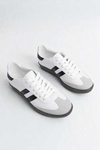 LANDSHOES White-Black Unisex Black Thermo Sole Side Stripe Lace-Up Women's Sports Shoes
