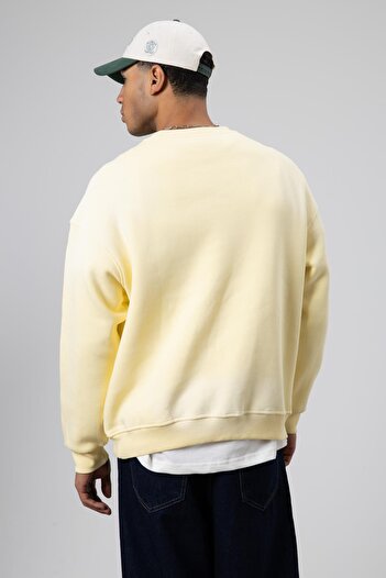 VAMOSCLO Yıkamalı Oversize Baskılı Sweatshirt Sarı
