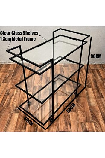 genric FFD Metal Serving Trolley Stylish Bar Cart & Kitchen Storage Organizer with 3 Clear Glass 80x40x90cm