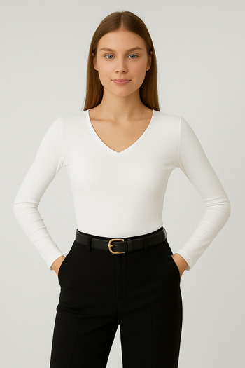 glanour Black Ribbed Blouse V-Neck Long Sleeve Bodysuit