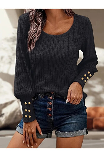 Silerra Women's Long Sleeve Ribbon Sleeve Button Detail Camisole Blouse
