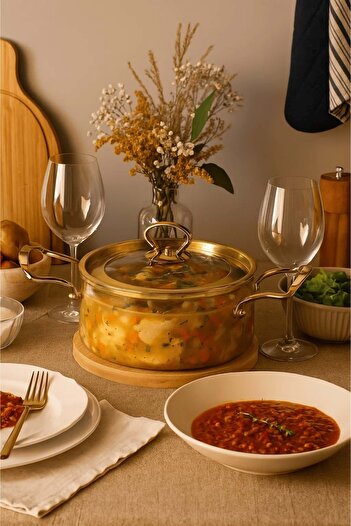 Jenisa 2.5 Lt. Heat Resistant Pot with Gold Lid and Gold Handle – Transparent Borosilicate Glass Cooking Set