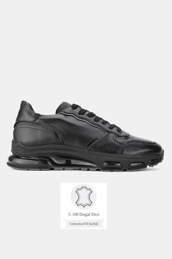 TUNAELLİ Men's Black Genuine Natural Leather Size 39-46 Eva Sole Lace-Up Sneaker Shoes