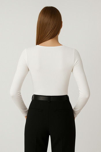 glanour Black Ribbed Blouse V-Neck Long Sleeve Bodysuit