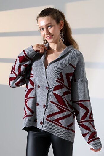 LADY HAZAL Gray Midi Length Buttoned Soft Textured Striped Knitwear Hijab Cardigan
