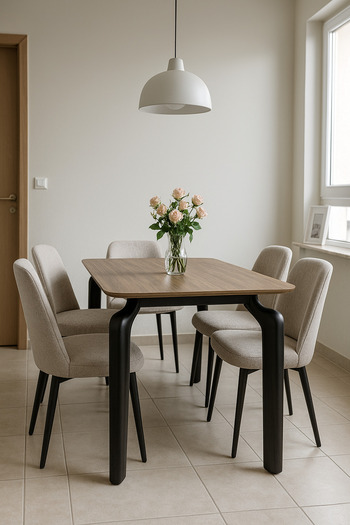 MARIA HOMES Modern Brown Dining Table DT-808 – 130×80×75 cm | Wooden Top Table with Black Designer Legs