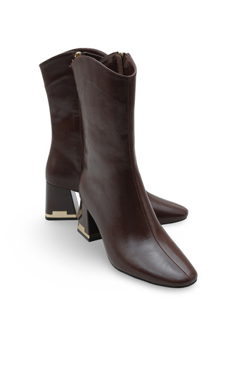 Women Lay-z Women's Heeled Winter Boots Square Toe Brown Wrinkled Leather Look Gold Detail 6.5 cm Thick Heel