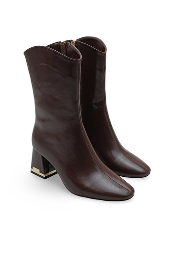 Women Lay-z Women's Heeled Winter Boots Square Toe Brown Wrinkled Leather Look Gold Detail 6.5 cm Thick Heel