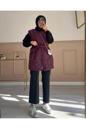 Molly Nelly Women's Stylish Stone Detailed Lined Quilted Midi Vest