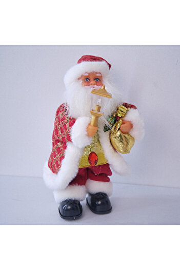 velve Santa Claus Gold, animated, singing and dancing, with bag and vintage lantern, festively dressed, 27cm