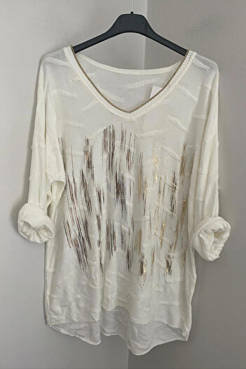 AYASOFYA OTANTIK Women's Italian White V-Neck Leaf Print Textured Patterned Loose Long Sleeve Knit Blouse