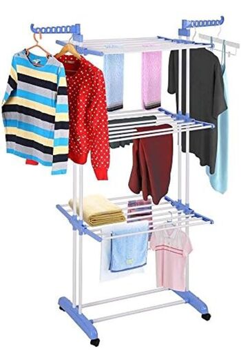 NEXIFY Peony 2 Poll Jumbo 3 Layer Clothes Hanger Rack, Cloth Drying Stand (Blue)