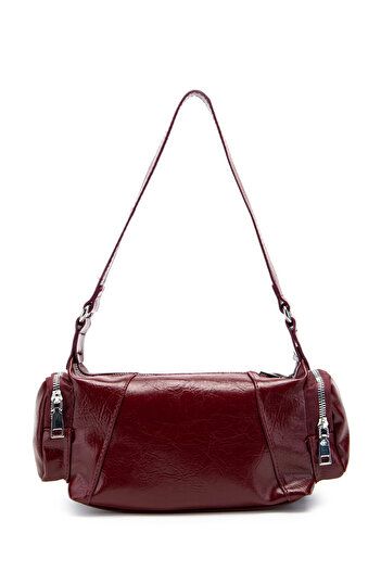 minebag Faux Leather Shoulder Bag with Side Pocket Detail, Burgundy
