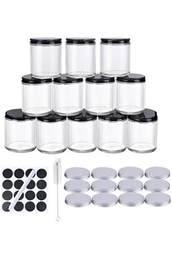 NEXIFY SKYLINK 12Pack 8oz Glass Jars with Black Metal Lids & Silver Aluminum Lids, Clear Round Empty Candle