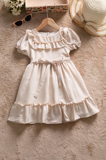 Cansın Mini Beige Ruffle Detailed Belted Girl's Short Sleeve Dress 22686
