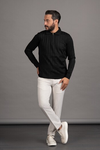 ADVANTE Zippered Polo Neck Polyamide Fabric Self-Striped Lycra Knitwear Sweater