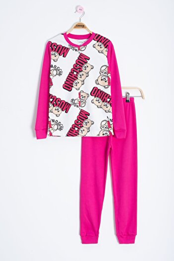 Cansın Mini Pink Teddy Bear Printed Girls' Pajama Set 22769