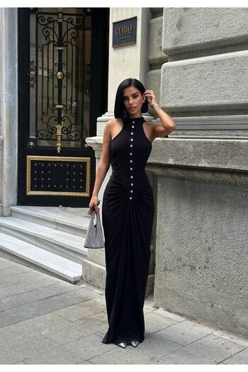 MY DEPO Women's Button Detail Draped Shirred Halter Neck Long Maxi Dress