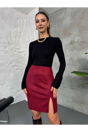 Elif Özbey Butik Burgundy Slit Suede Skirt