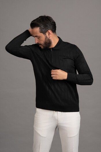 ADVANTE Zippered Polo Neck Polyamide Fabric Self-Striped Lycra Knitwear Sweater