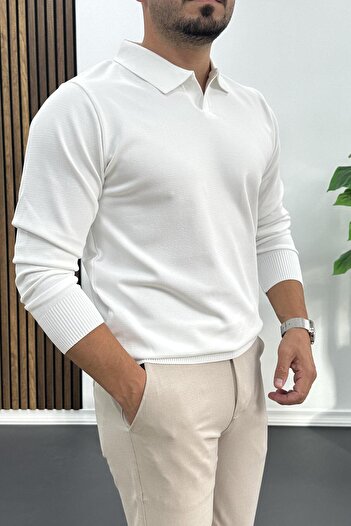 Edwox Men's Open Collar Plain Pattern Regular Fit Sweater White Edw423