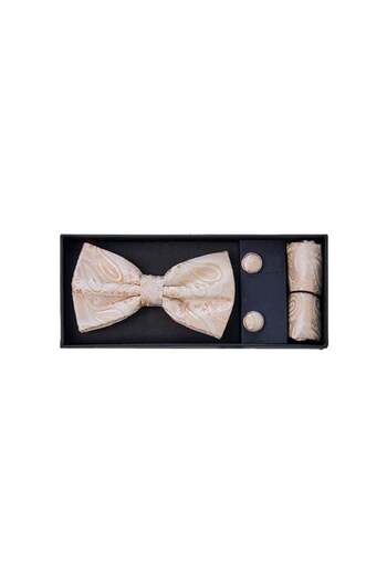 velve Mistery 3-piece set, for men, bow tie, cufflinks and fabric handkerchief, cream with Printed
