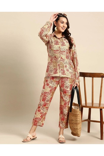 iza Cream and Red Chanderi Silk Co-ord Set
