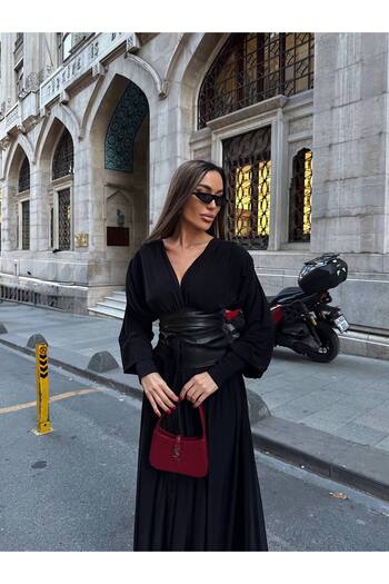 Julidress Black Leather Corset Waist Tie Maxi Long Premium Dress