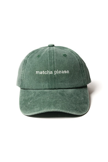 Nome Studio Matcha Temalı Yazı Nakışlı Yeşil Şapka Yıkamalı Kumaşlı ve Beyaz Yazı Nakışlı Şapka Eskitme
