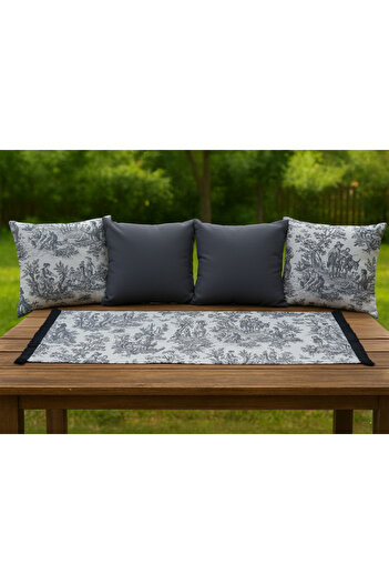shopshop Gray English French Country Patterned Modern Decorative 4-Piece Throw Pillow Cover and Runner Cover Set