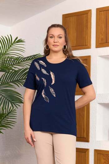 RMG Gamze Moda Leaf Embroidery and Stone Embellished Plus Size T-Shirt