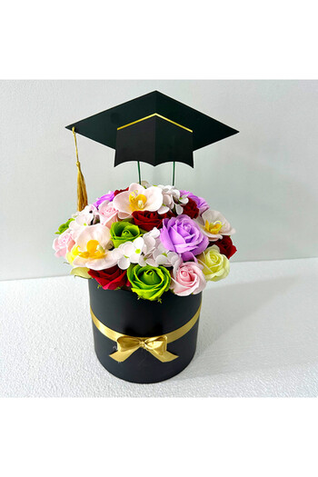 velve Graduation floral arrangement, round box with roses, orchids and soap hydrangeas, Lilac