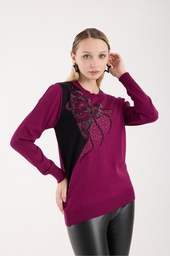 Moda Days Women's Plum Elite Viscose Fabric Stone Detailed Crew Neck Knitwear Blouse