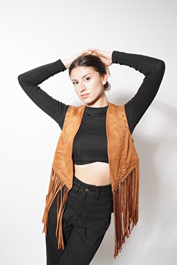 Pafi Moda Kamli Long Tassel Vest Tan
