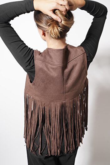 Pafi Moda Kamli Long Tassel Vest Brown