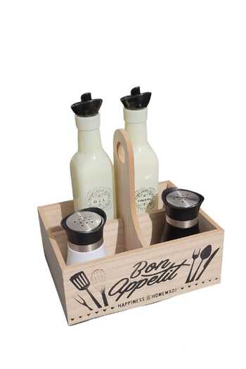 OEM 5-piece olive set, wooden box, 4 glass containers, salt/pepper/oil/vinegar