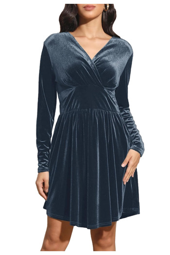 OEM Elegant velvet dress for women above the knee, long sleeves, blue M