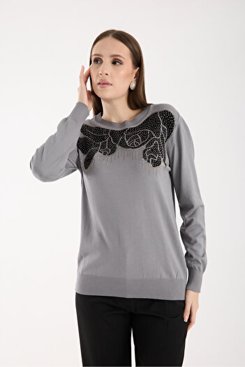 Moda Days Women's Gray Elite Viscose Fabric Stone Detailed Crew Neck Knitwear Blouse