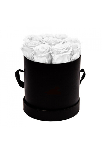 velve Aranjament floral cu 9 trandafiri de sapun, in cutie neagra rotunda, alb, Alb