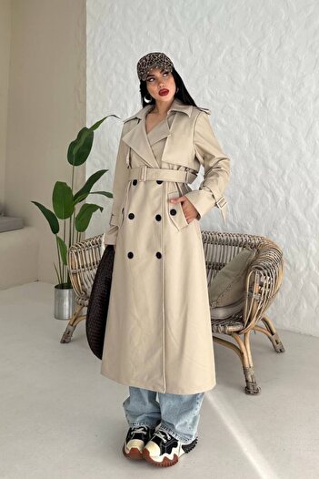 spirituel Women's Trench Coat Long Faux Leather Belted Buttoned Pockets Slit Double Breasted Lapel Trench Coat