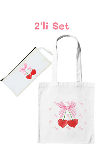 junobi Cloth Bag + Pen Holder – Coquette Pink Bow and Heart Cherry Pattern – 35X40 cm