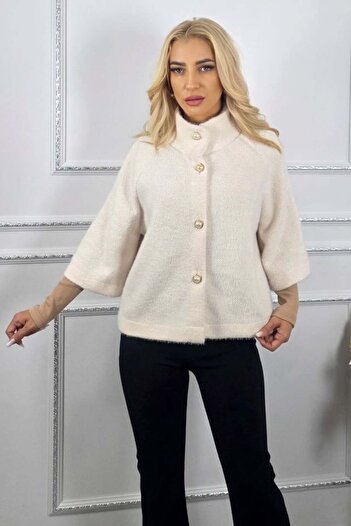 FashionForYou Cape with three-quarter sleeves, VORRA and pearl cufflinks, White, Size S/M