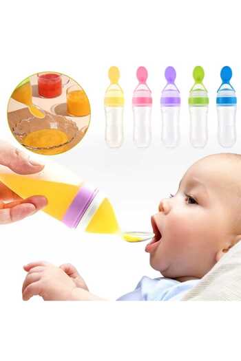 Generic Silicone baby feeding bottle or spoon, to make it easier for babies to feed semi-solid foods, cereals or purees.