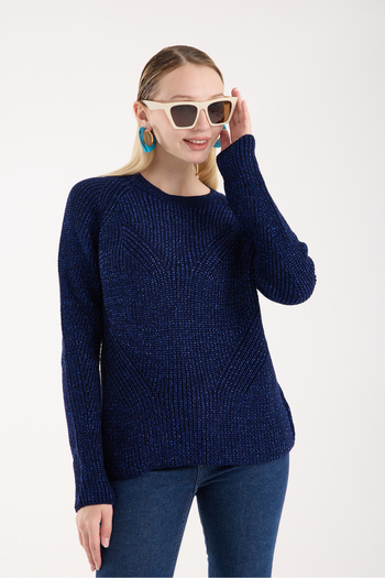 Moda Days Women's Dark Navy Thessaloniki Knitted Raglan Sleeve Crew Neck Glitter Knit Sweater