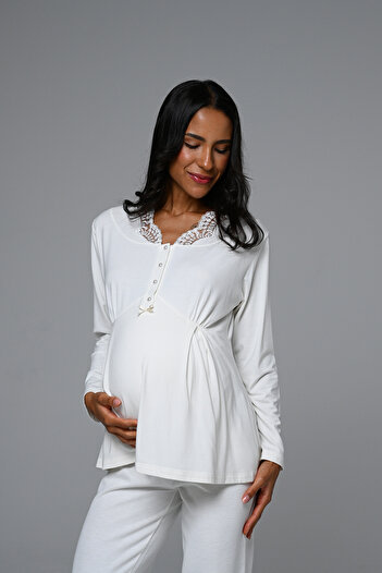 Lohussa Women's Ecru Jacquard Winter Special Design Maternity Maternity Dressing Gown Pajama Set