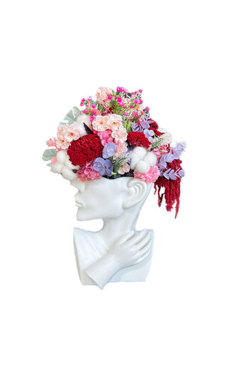 velve Venus PowerWoman vase with arrangement, cherry blossoms, burgundy yarrow and eucalyptus, white