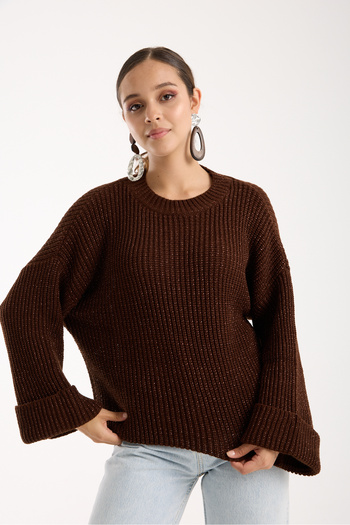 Moda Days Women's Bitter Brown Thessaloniki Knitted Crew Neck Silvery Oversized Knitwear Sweater